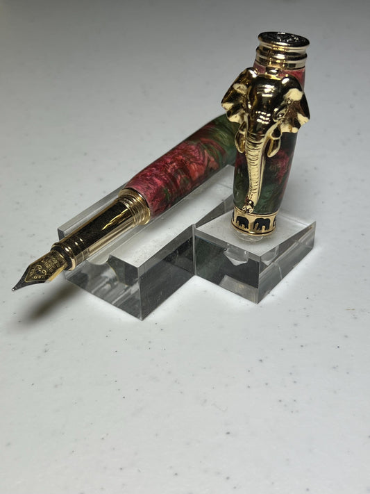 Elephant two part fountain pen in gold, with pink and green burl barrel